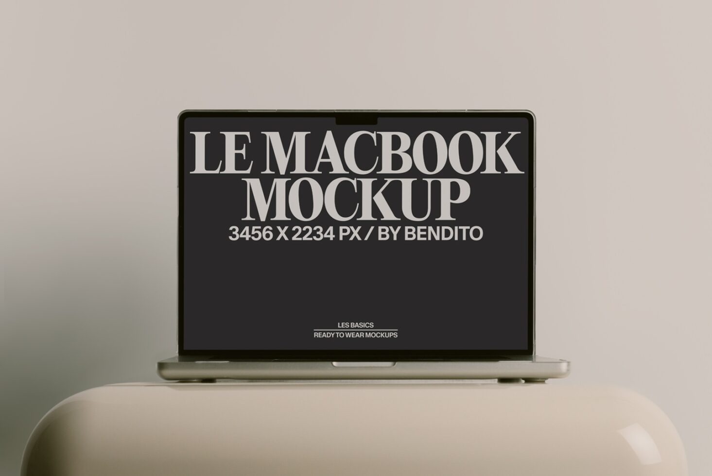 MacBook mockup on cream SMEG appliance with dark screen open