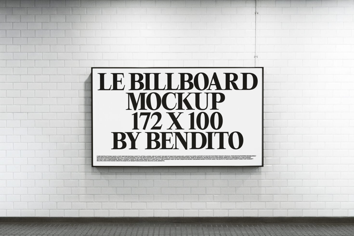 White billboard mockup on subway tile wall, 172 x 100 dimensions