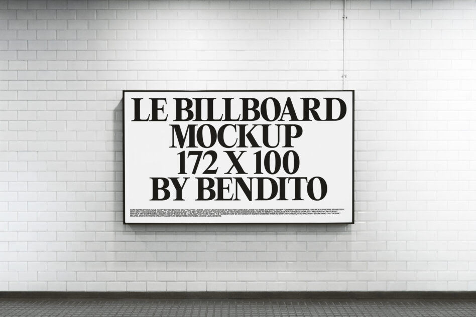 White billboard mockup on subway tile wall, 172 x 100 dimensions