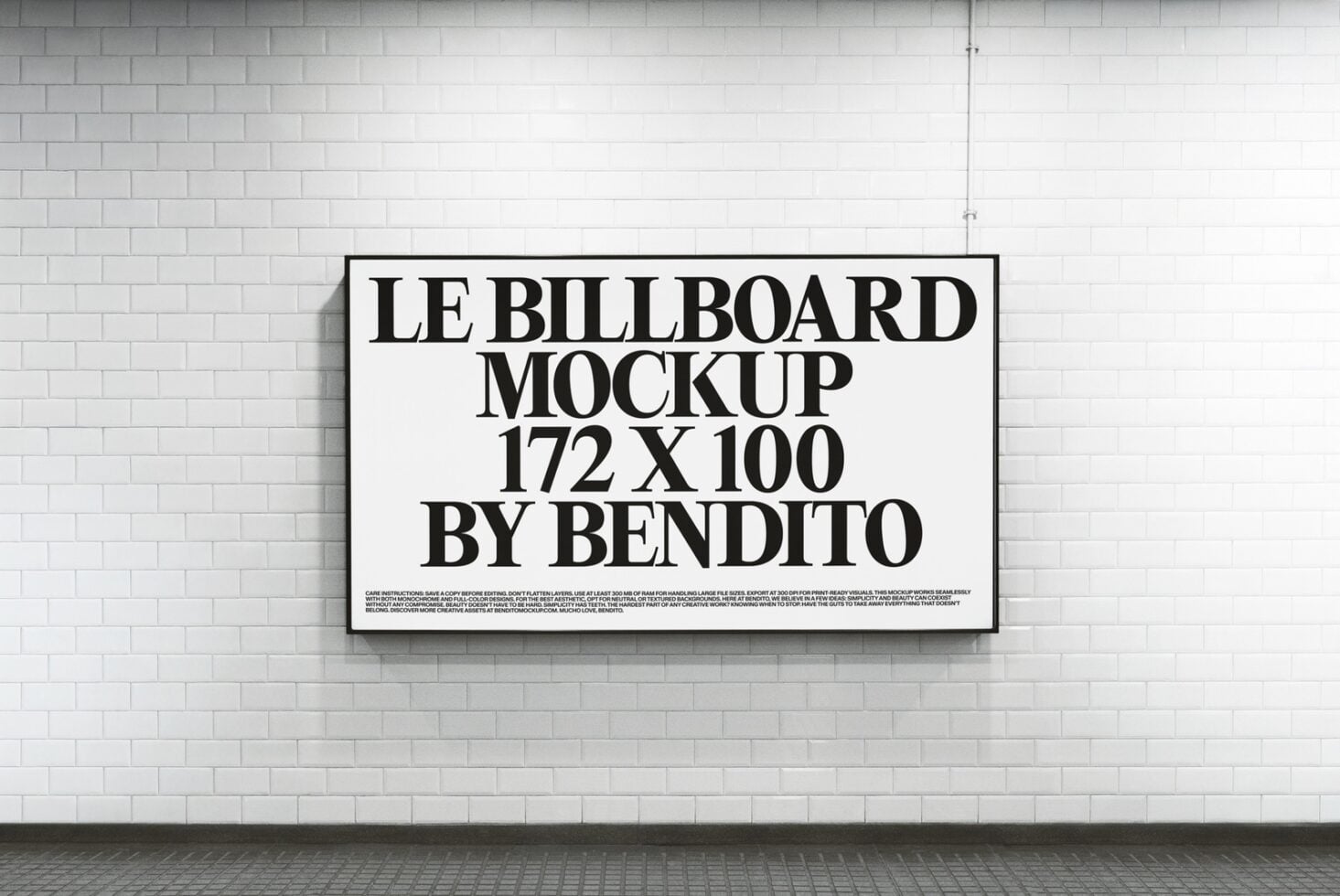 White billboard mockup on white brick wall, horizontal orientation