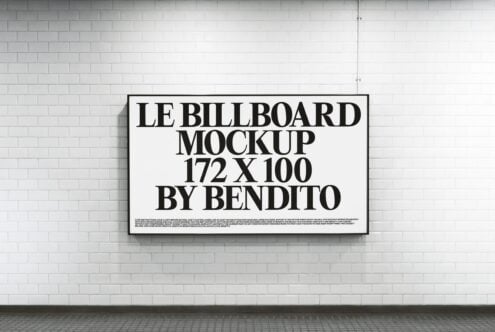 White billboard mockup on white brick wall, horizontal orientation