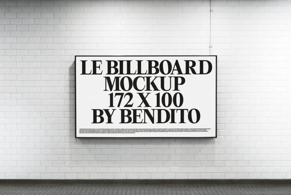 White billboard mockup on white brick wall, horizontal orientation