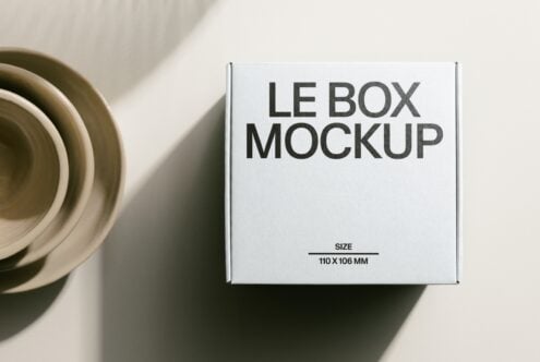 White box mockup with LE BOX MOCKUP text, 110 x 106 mm size shown