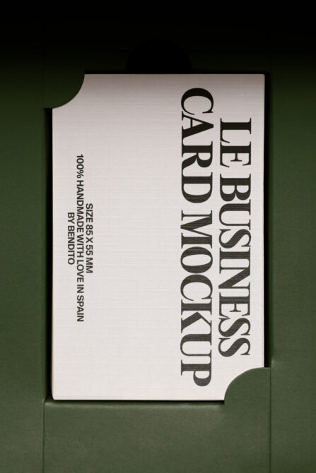 Off-white business card mockup with black serif text on green backdrop, top view