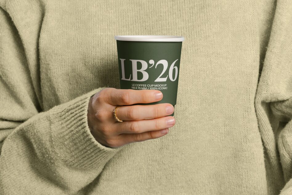 Close up of hands holding dark green paper coffee cup with LB26 label