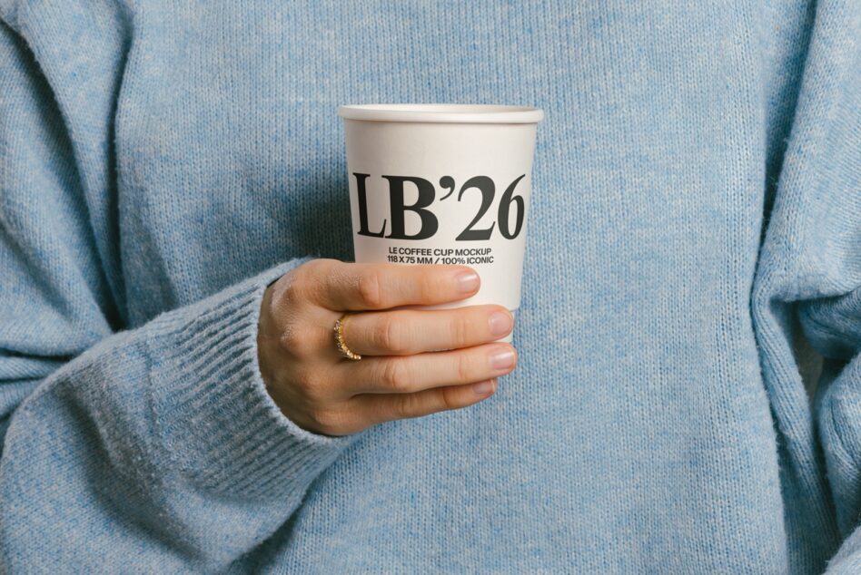 Hand holding white paper coffee cup with LB'26 branding against blue knit sweater