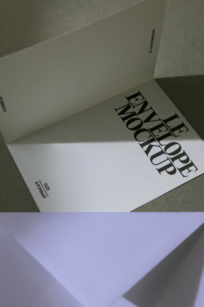 Folded A5 envelope mockup showing interior layout with typography sample