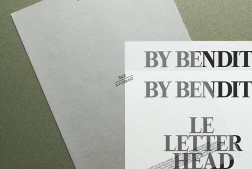 Letterhead layout mockup on light green surface with overlapping paper angles