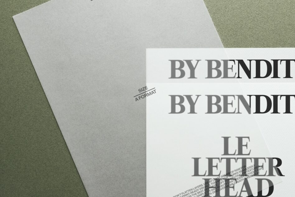 Letterhead layout mockup on light green surface with overlapping paper angles