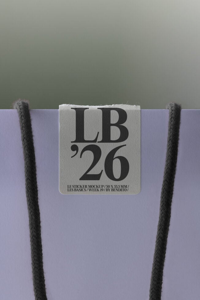 Rounded square sticker mockup on lavender paper with gray rope corners