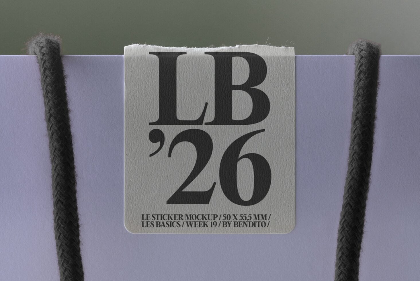 Rounded square sticker mockup on lavender paper with dark rope corners