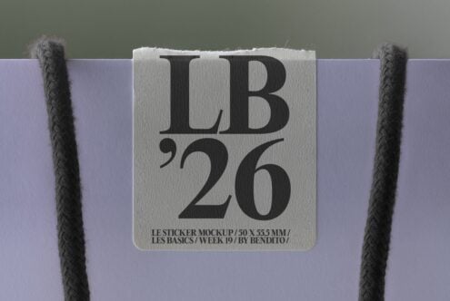 Rounded square sticker mockup on lavender paper with dark rope corners