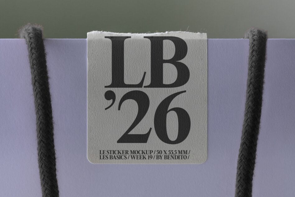 Rounded square sticker mockup on lavender paper with dark rope corners