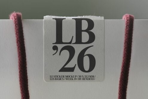 Rounded square sticker mockup on cream paper with pink rope corners