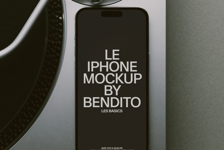 Black iPhone close up by turntable showing mockup text