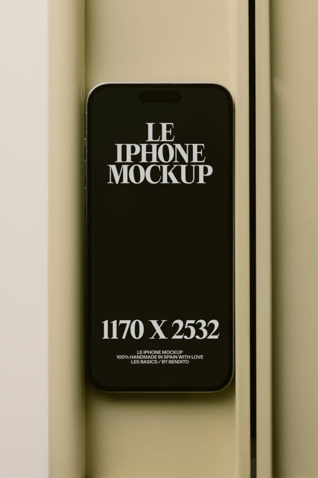 Black iPhone with white screen text reading Le iPhone Mockup