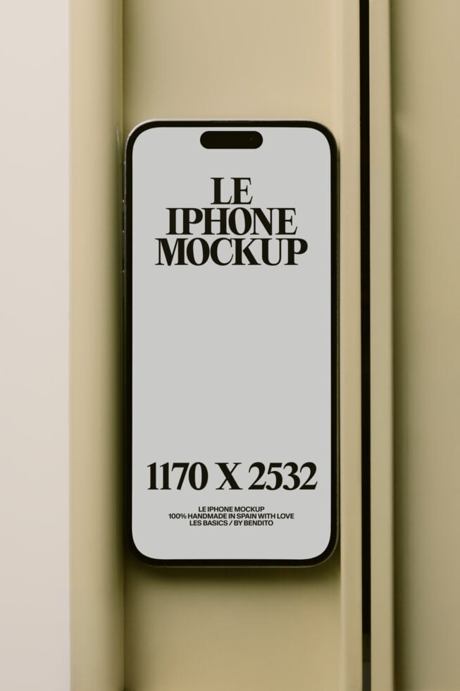 White iPhone with black screen text reading Le iPhone Mockup