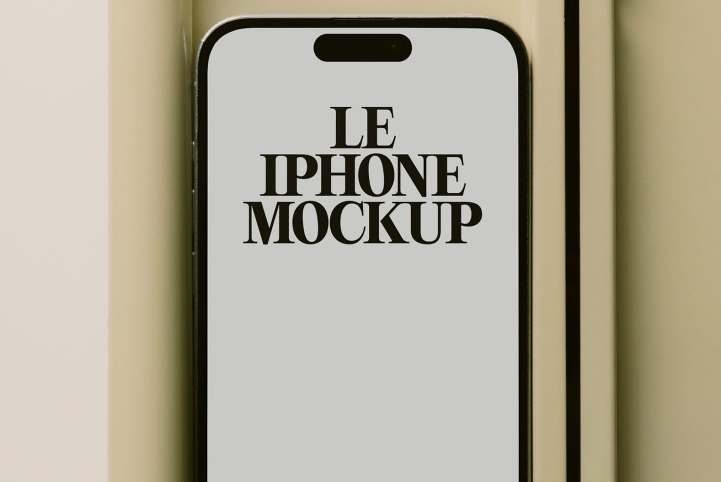 White iPhone with black screen text reading Le iPhone Mockup