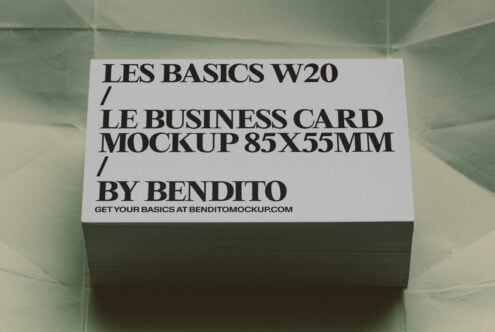 Stacked business cards with bold serif typography on sage green background showing Les Basics branding