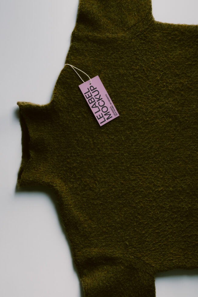 Olive wool sweater with pink label tag hanging from shoulder