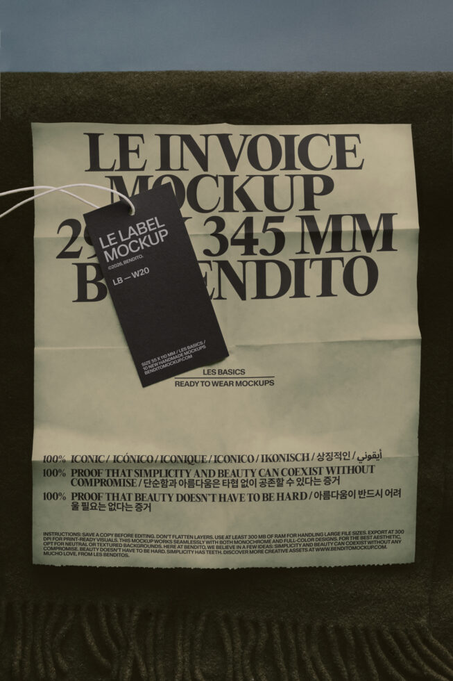 Cream paper invoice mockup with black hang tag attached by string, laid on textured fabric background