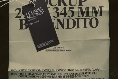 Black clothing label mockup draped on cream fabric with bold typography in background