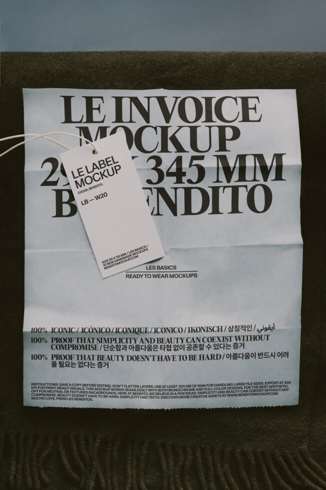 Folded invoice mockup with attached hang tag on textured dark background
