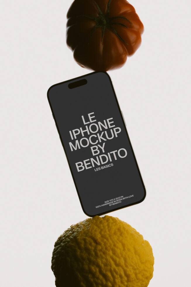 iPhone mockup floating between tomato, lemon, styled product shot with clean minimalist vibes