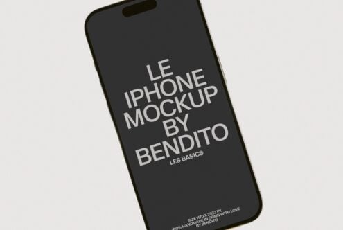 iPhone 14 Pro mockup angled on light background showing customizable screen display