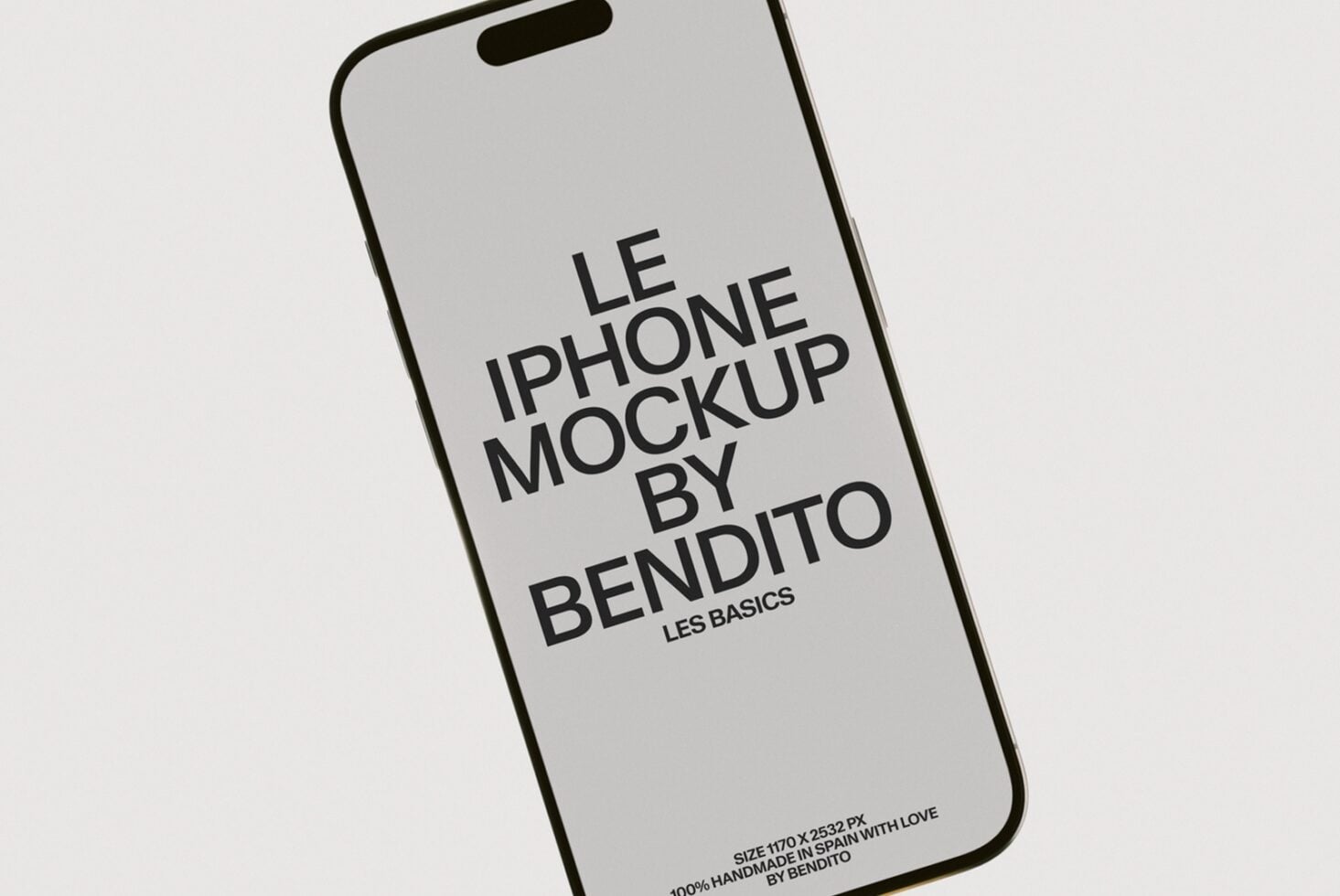 iPhone 14 Pro mockup shot at an angle with centered text on screen, minimal gray background