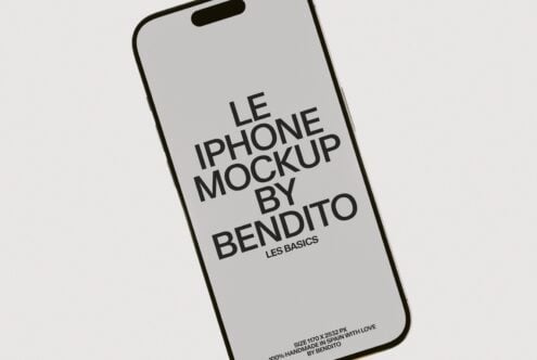 iPhone 14 Pro mockup shot at an angle with centered text on screen, minimal gray background