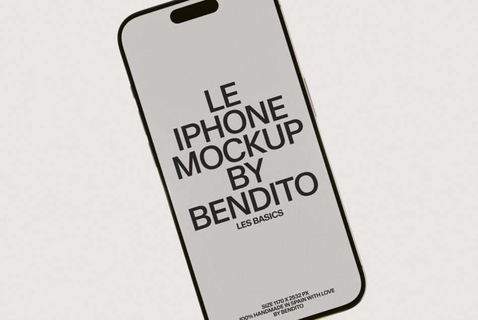 iPhone 14 Pro mockup shot at an angle with centered text on screen, minimal gray background