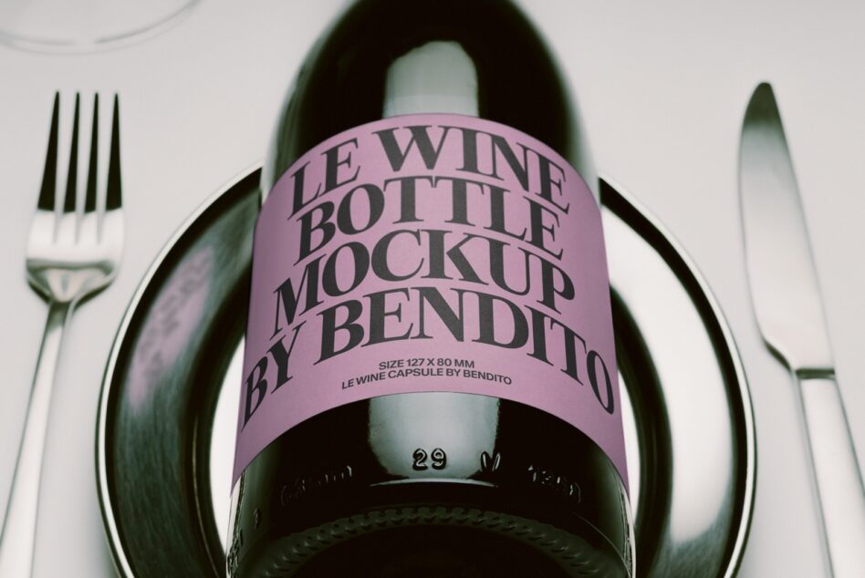 Wine bottle with pink label sitting between fork plus knife on white surface