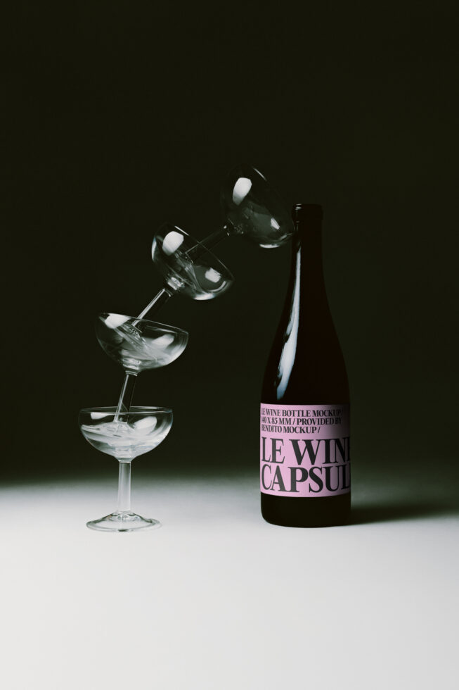 Wine bottle mockup with pink label next to stacked pouring glasses on dark background