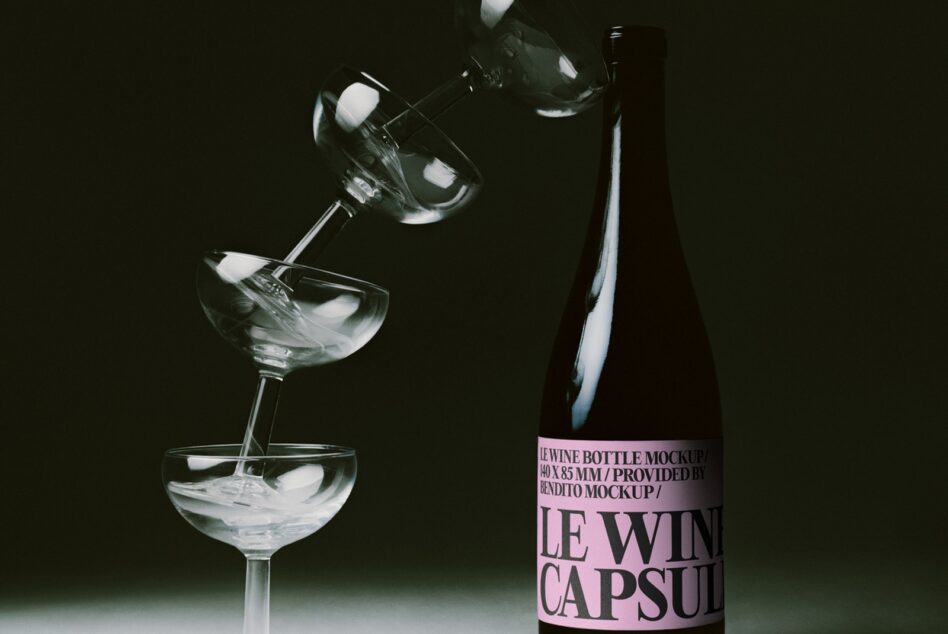 Wine bottle with pink label next to pouring glass with ice on dark background