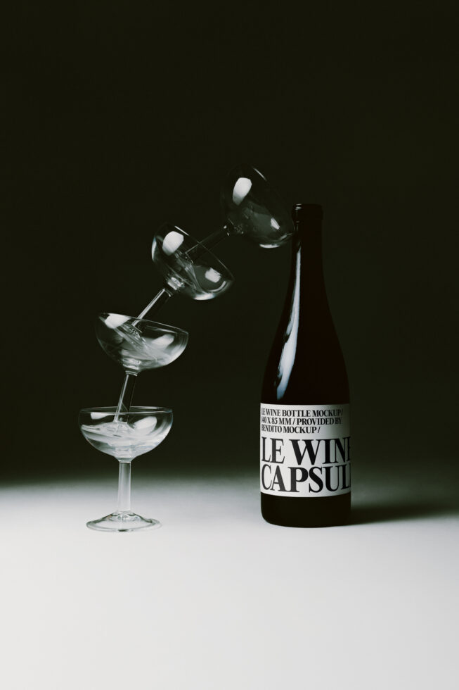 Wine bottle mockup with pouring glasses in dramatic studio lighting on dark background