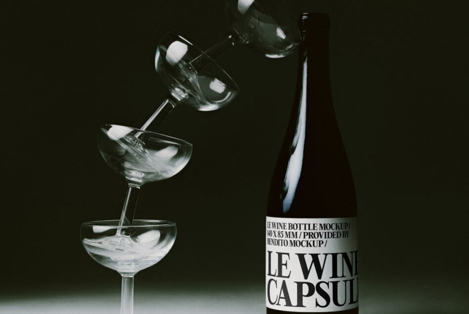 Wine bottle mockup with pouring glass on dark background, ice cubes catching light
