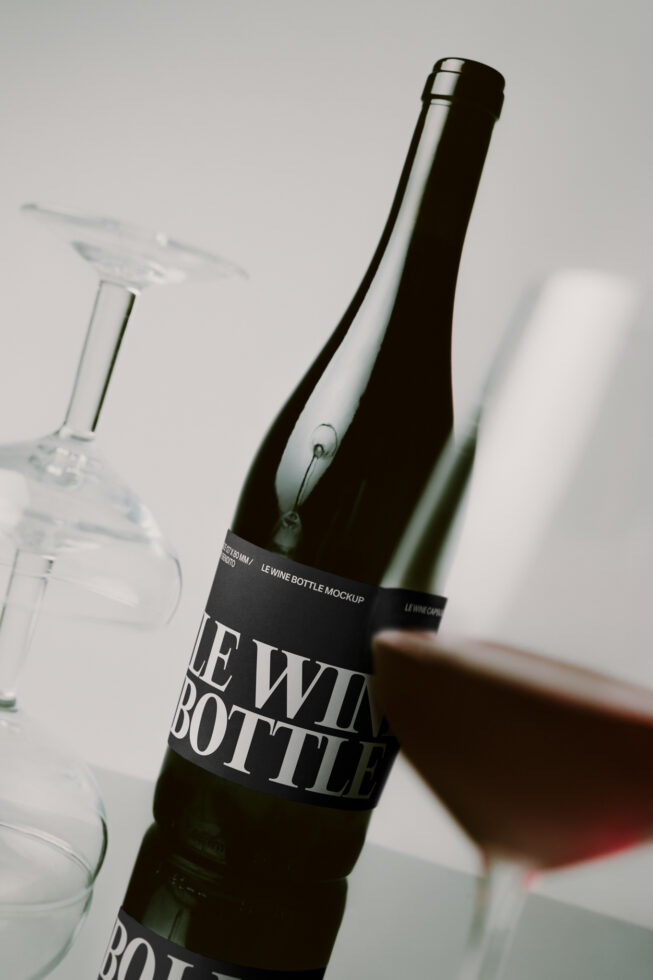 Wine bottle mockup with black label, empty glasses, minimal styling setup
