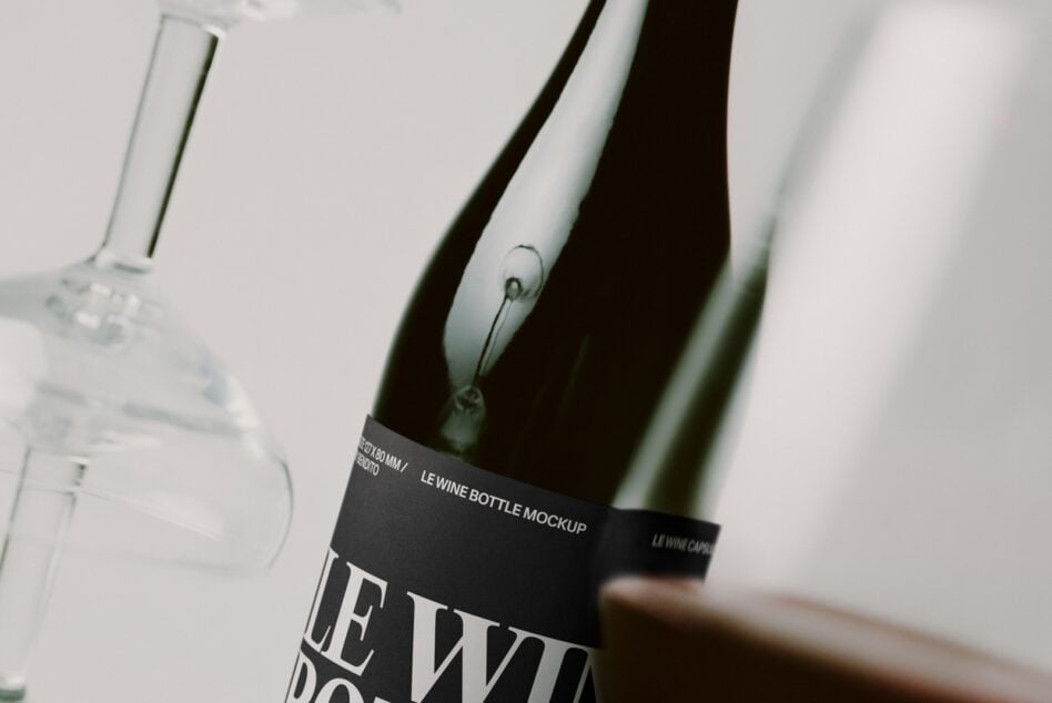 Wine bottle mockup with black label on white background, close-up shot showing glass details