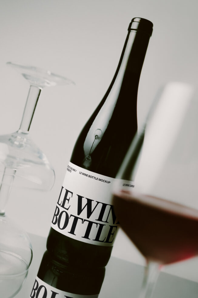Wine bottle mockup with custom label wrap, styled with wine glasses on neutral background