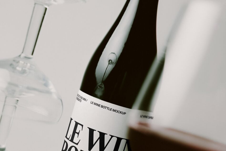 Close-up of wine bottles with white labels showing minimal branding on neutral background