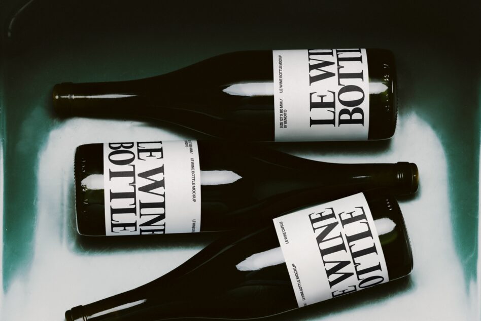 Dark wine bottles with bold serif labels on teal background, shot from above