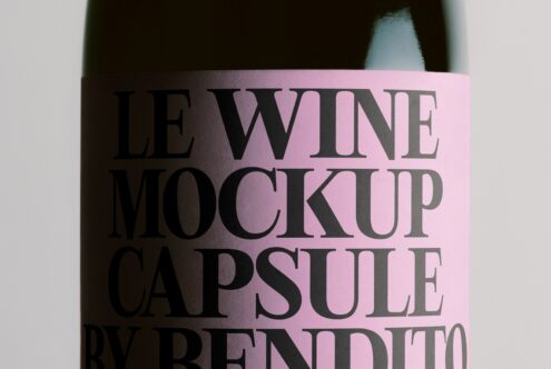Wine bottle with pink gradient label showing bold serif typography in black text