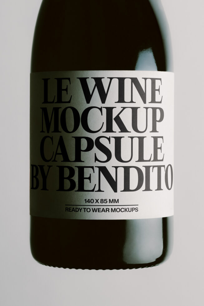 Wine bottle with white label mockup showing capsule label design in 140x85mm size