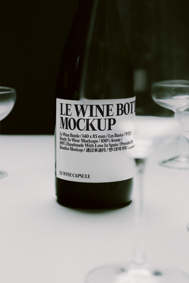 Wine bottle mockup with minimalist label on white table surrounded by glasses
