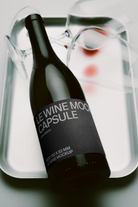 Wine bottle mockup with black label in clear plastic tray, soft focus background