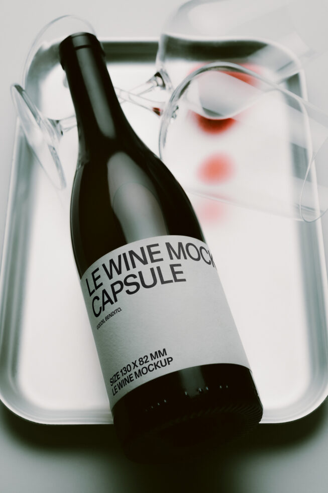 Wine bottle mockup on clear plastic tray with blurred makeup in background