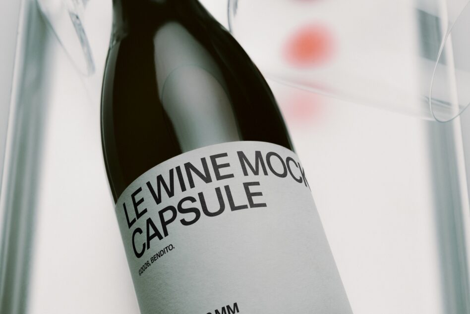 Wine bottle mockup with minimal label showing modern sans serif typography in soft focus setting