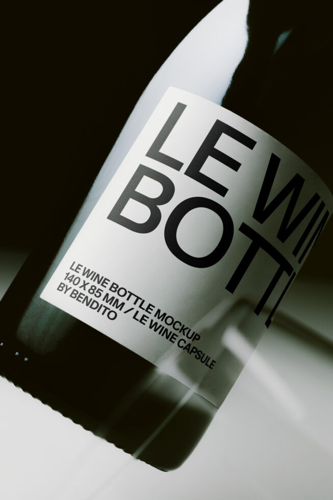 Wine bottle mockup shot at an angle showing label with bold typography on white label