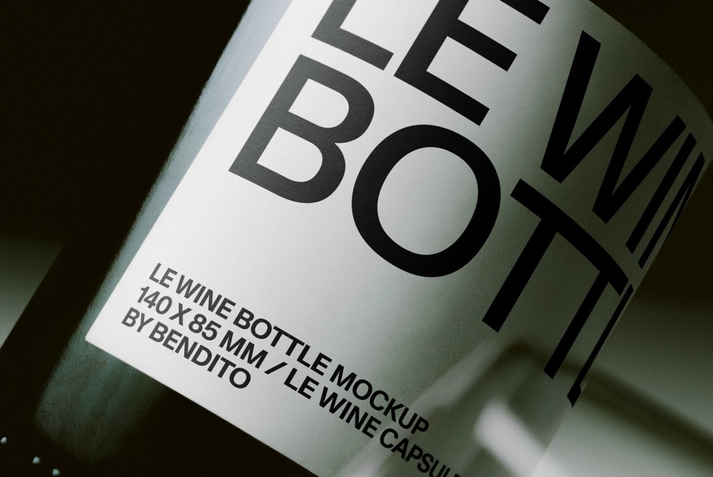 Lewine wine bottle mockup with label showing bold typography on angled glass surface